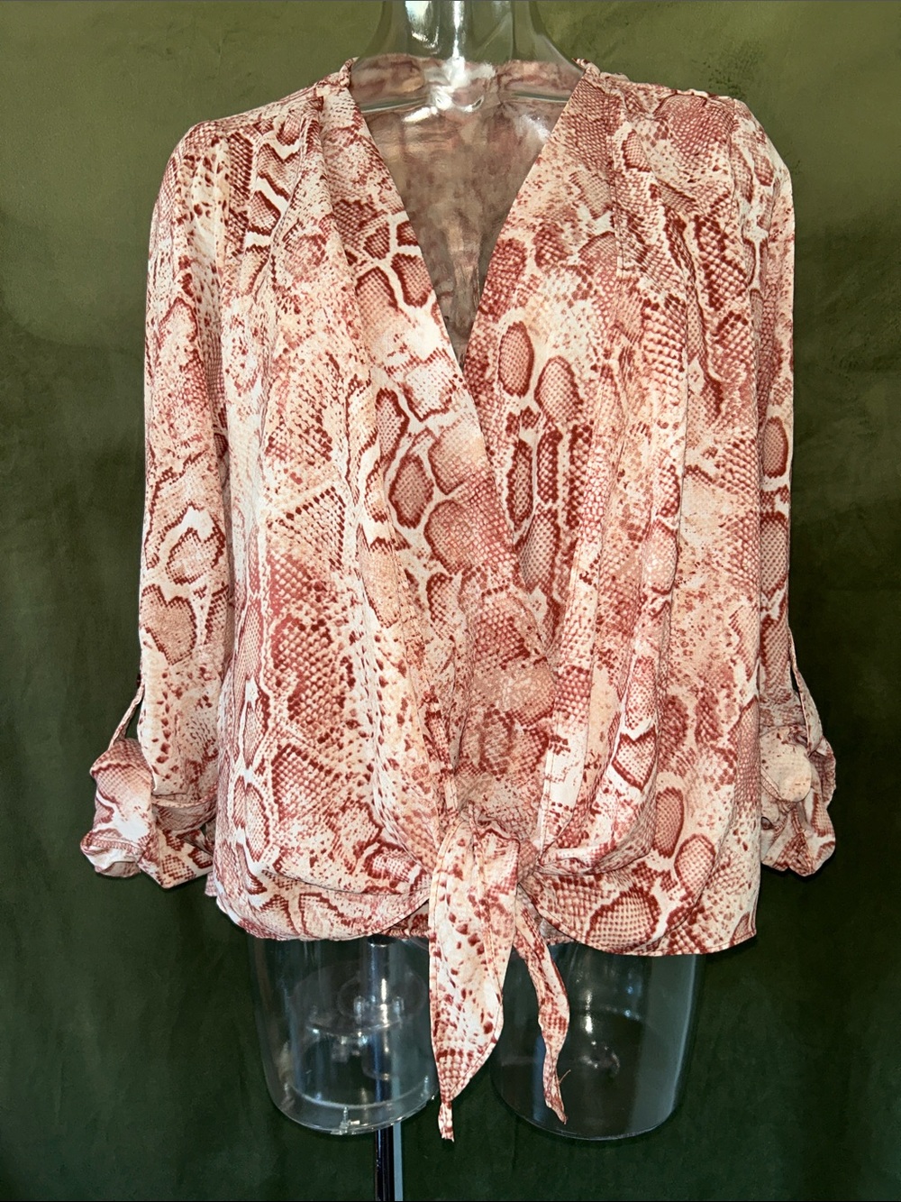 Blu Pepper Pink Snake-Print Tie Front Blouse